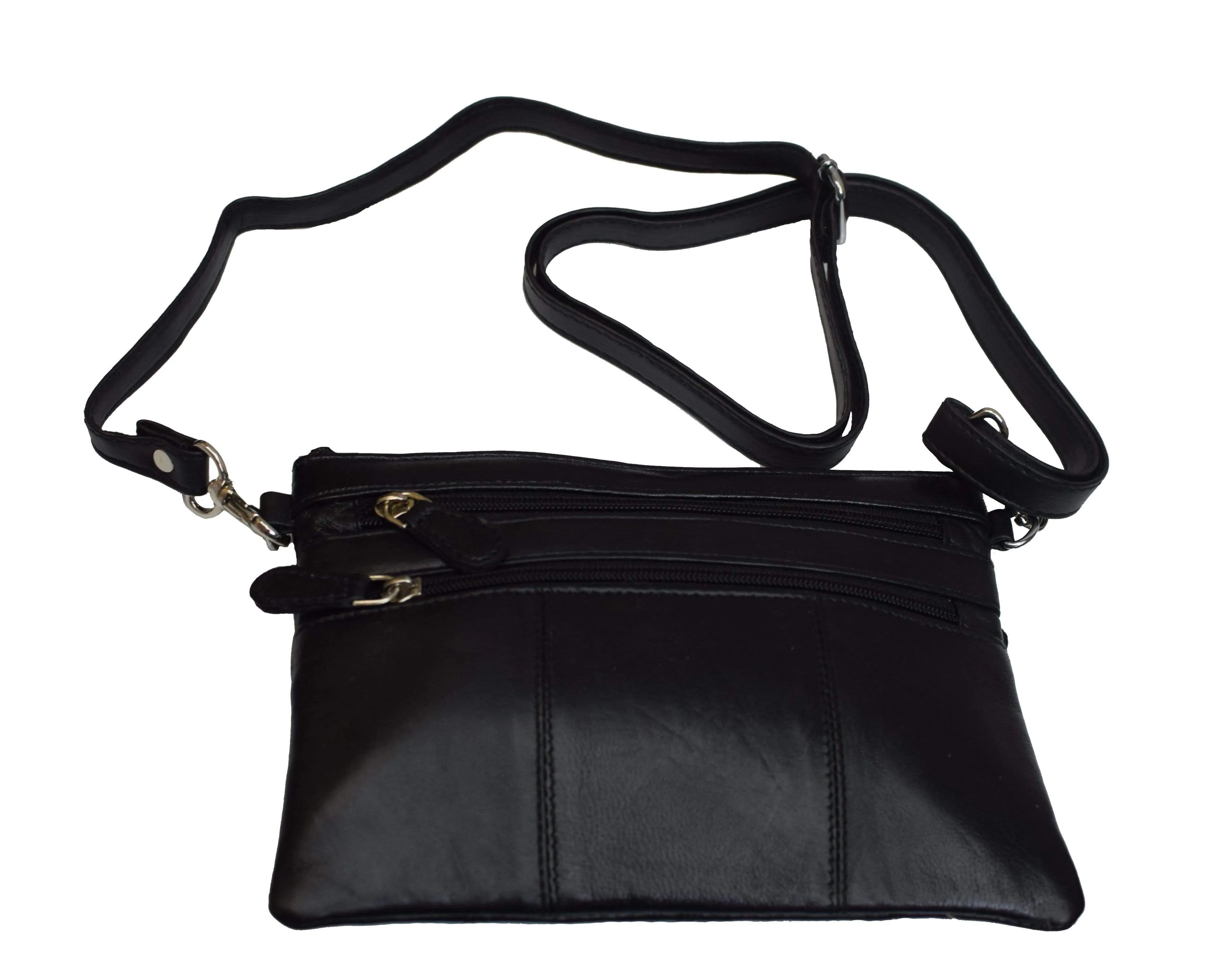 Ladies Black Genuine Leather Small Crossbody & Shoulder Bag with 4 Zipper Pockets Womens