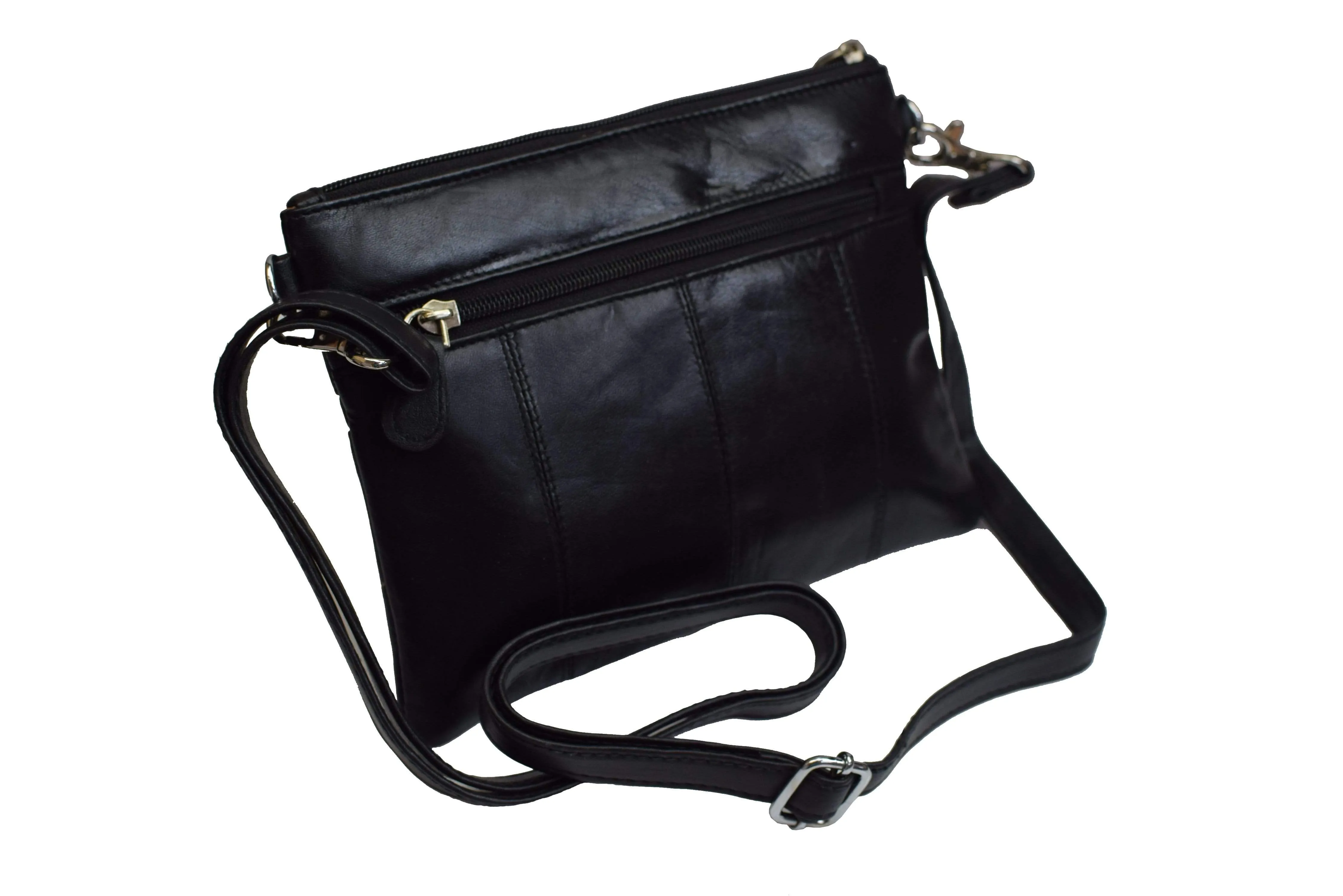 Ladies Black Genuine Leather Small Crossbody & Shoulder Bag with 4 Zipper Pockets Womens