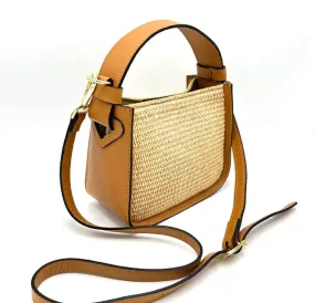 Leather and Straw Handbag- Light Camel