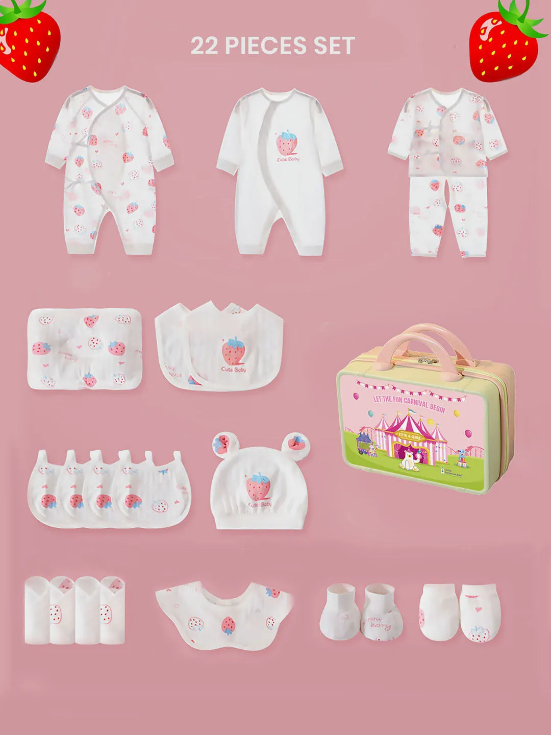 Little Surprise Box 22 Pcs White Strawberry Newborn Baby Girl/ Boy All Season Wear Gift Hamper With Suitcase