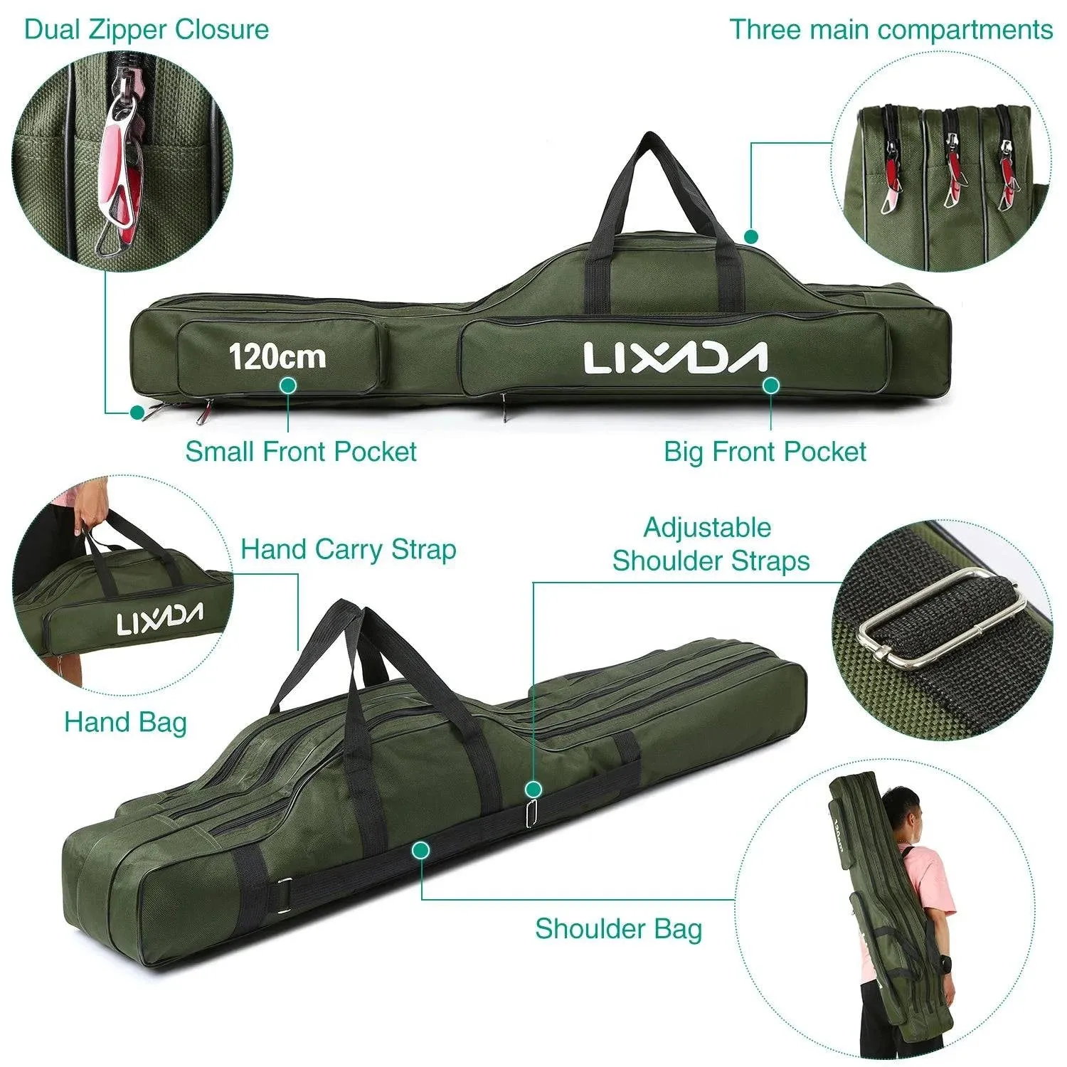 Lixada 3-Layer Portable Folding Fishing Rod Bag 90cm/120cm/150cm Fishing Tackle Case Multifunctional Fishing Rod Bags Case