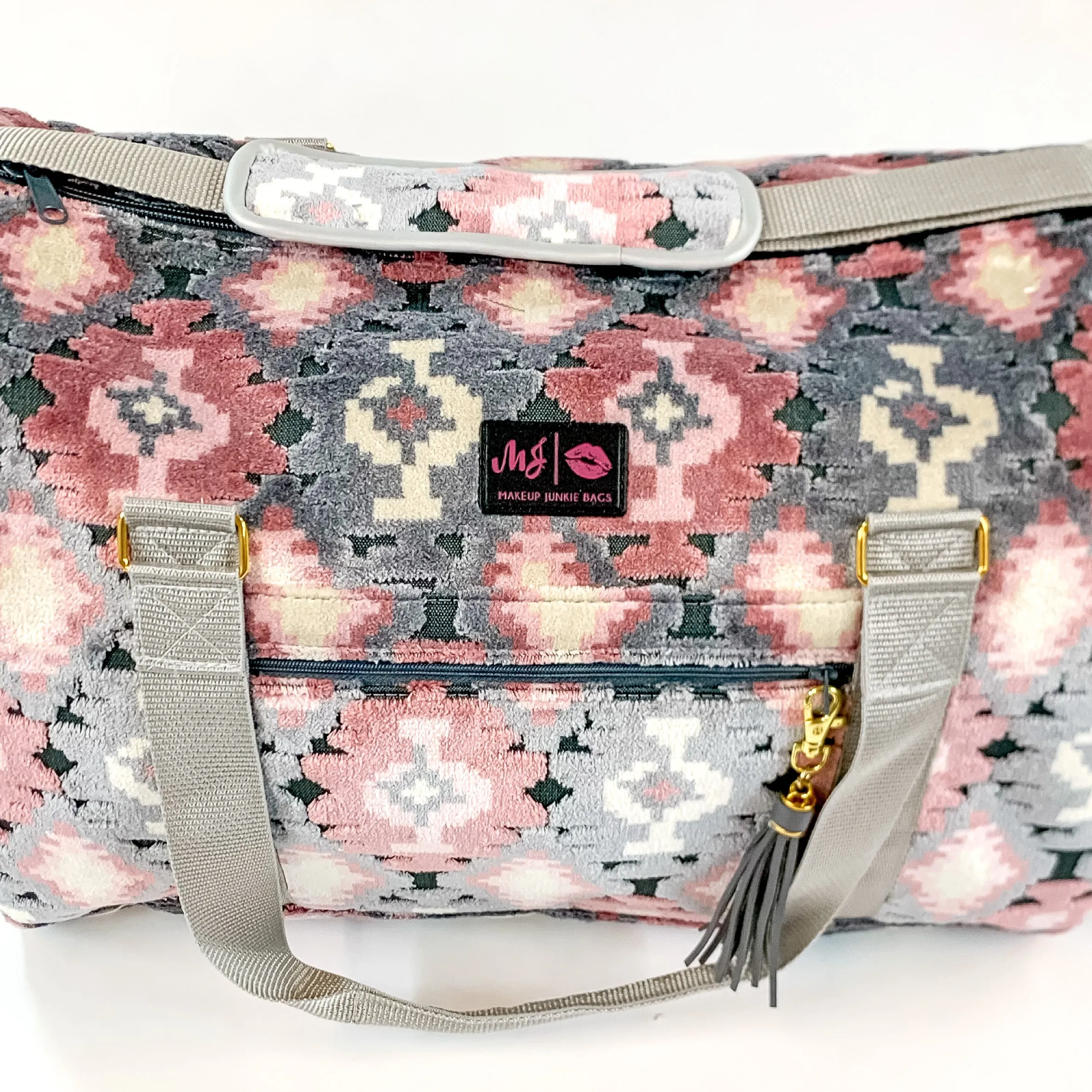 Makeup Junkie | Blush Aztec Duffel Bag in Blush Pink and Grey Mix