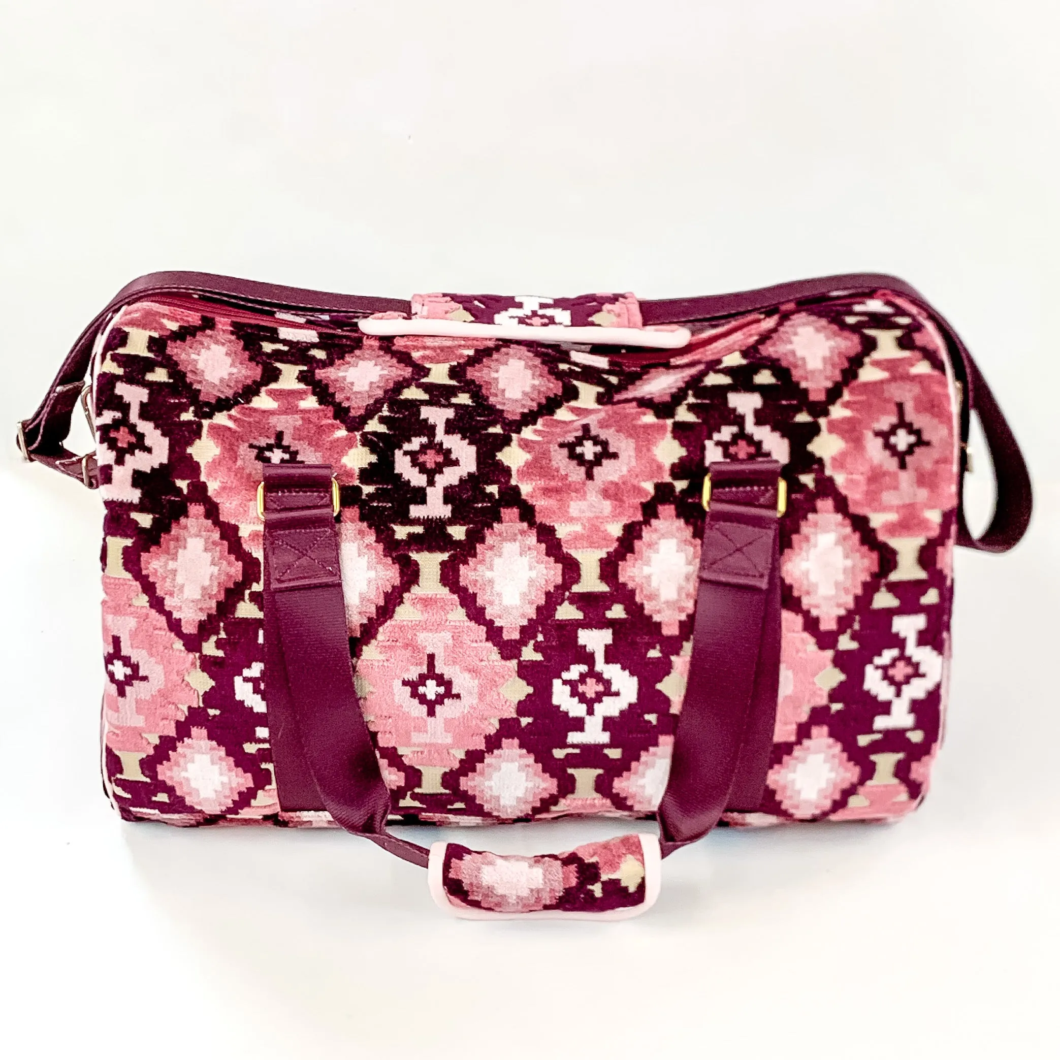 Makeup Junkie | Maroon Aztec Duffel Bag in Maroon and Pink Mix