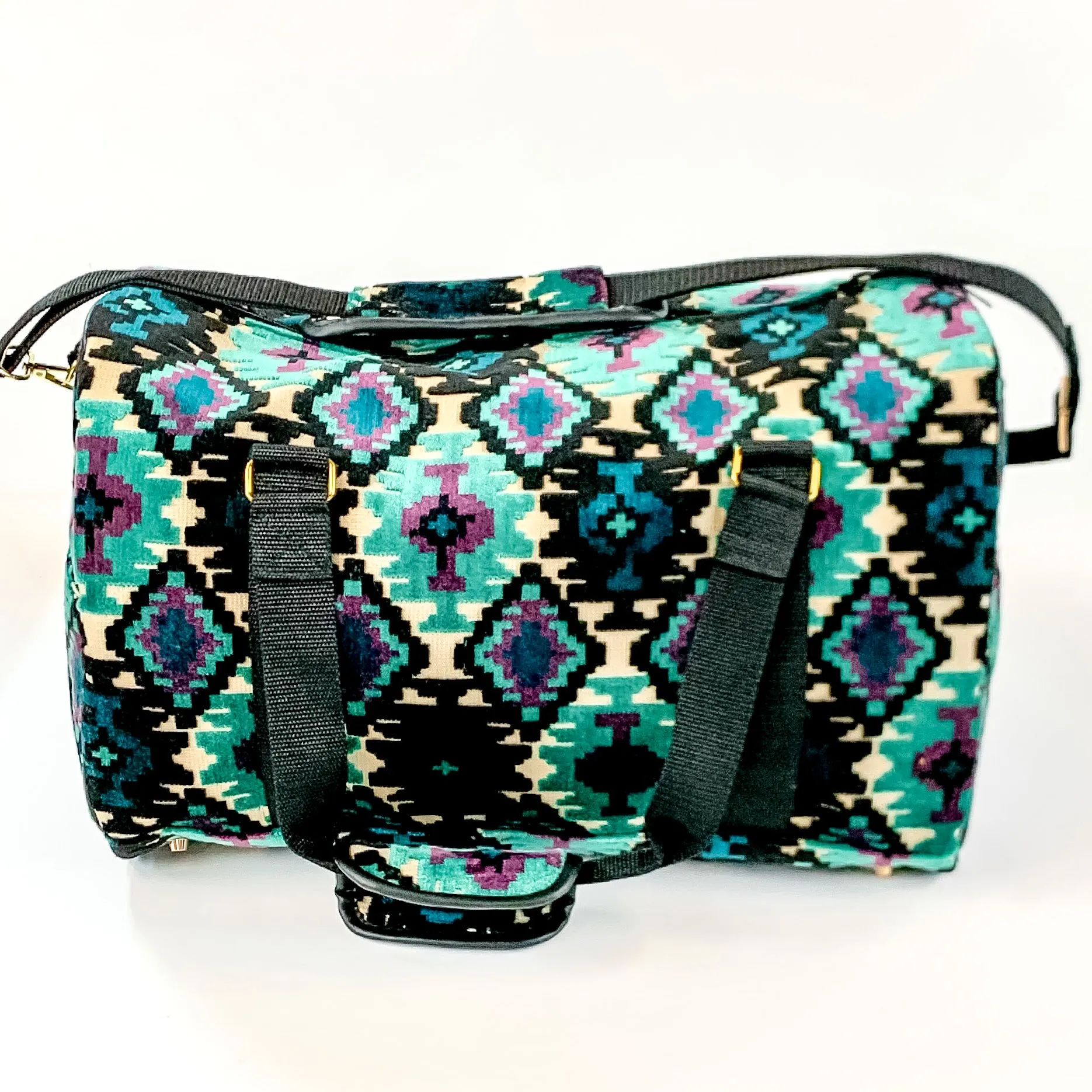 Makeup Junkie | Midnight Aztec Duffel Bag in Turquoise Green and Black Mix