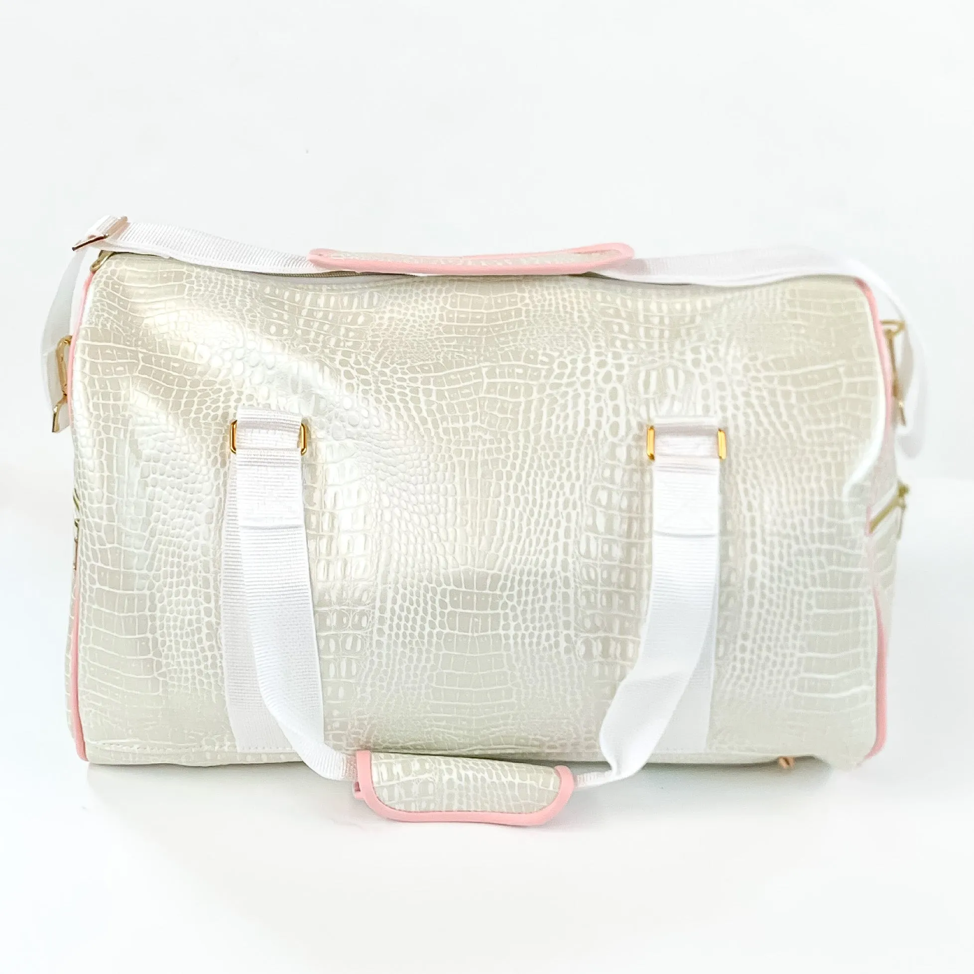 Makeup Junkie | Shade of Pearl Duffel Bag in Pearl White Croc Print