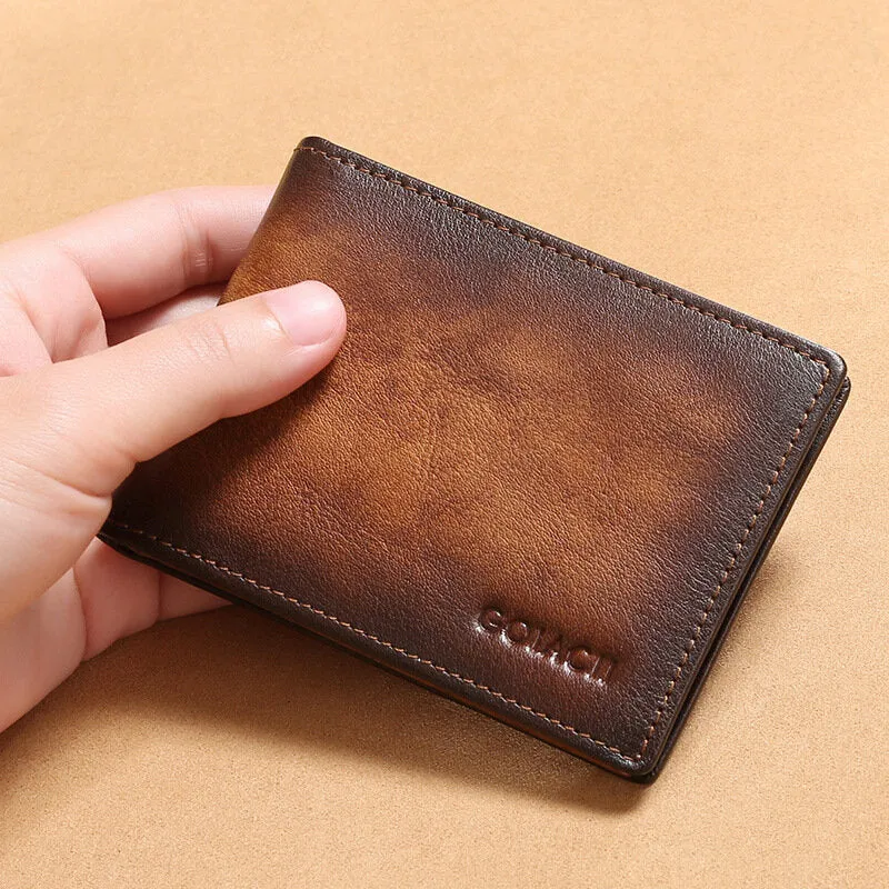 Men Genuine Leather RFID Anti-theft Multifunction Retro Large Capacity Foldable Card Holder Bag