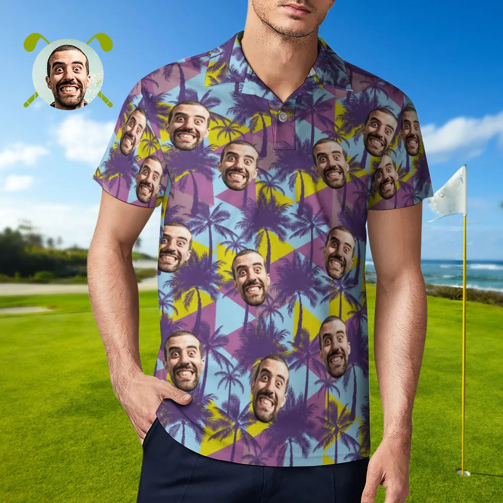 Men's Custom Face Polo Shirt Colorful Coconut Trees Personalised Hawaiian Golf Shirts