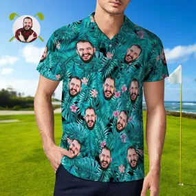 Men's Custom Face POLO Shirt Personalised Blue Golf Shirts For Him Pink Flower