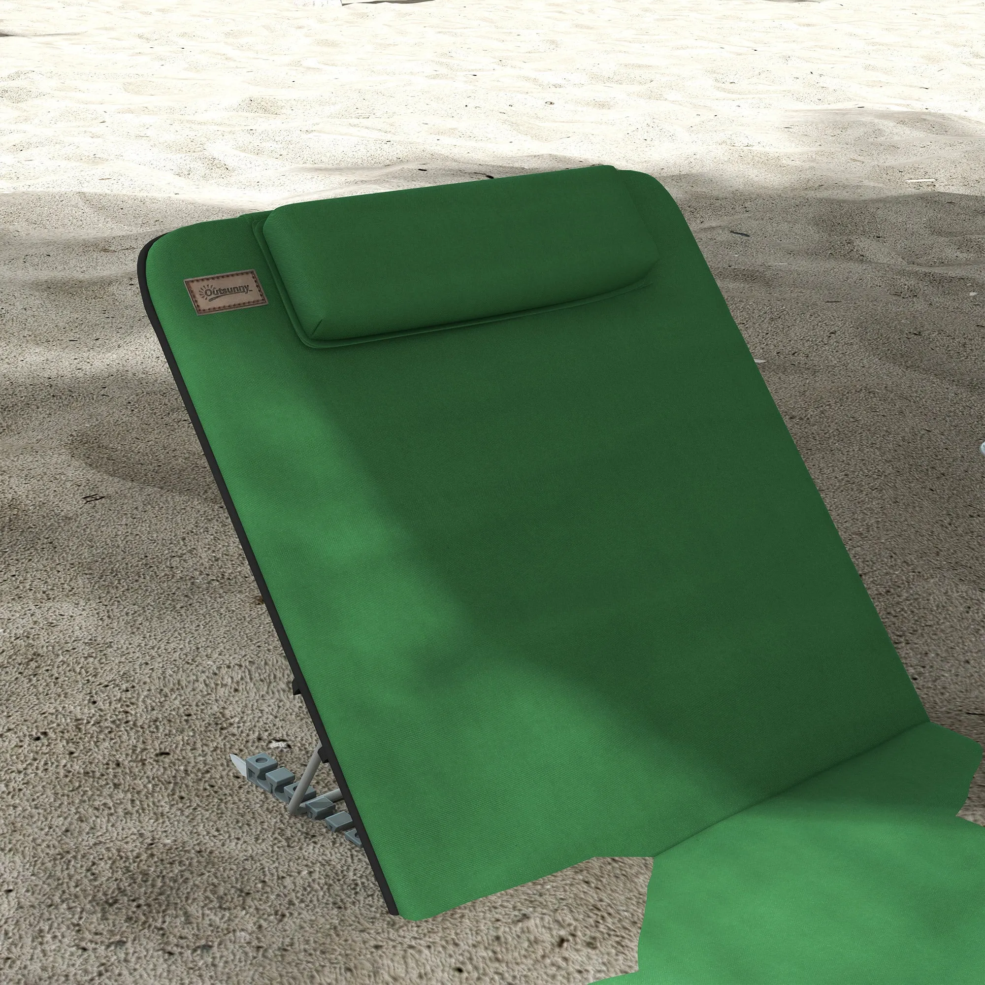 Metal Frame PE Fabric 2 Pieces Outdoor Beach Reclining Chair Set w/ Pillow Green