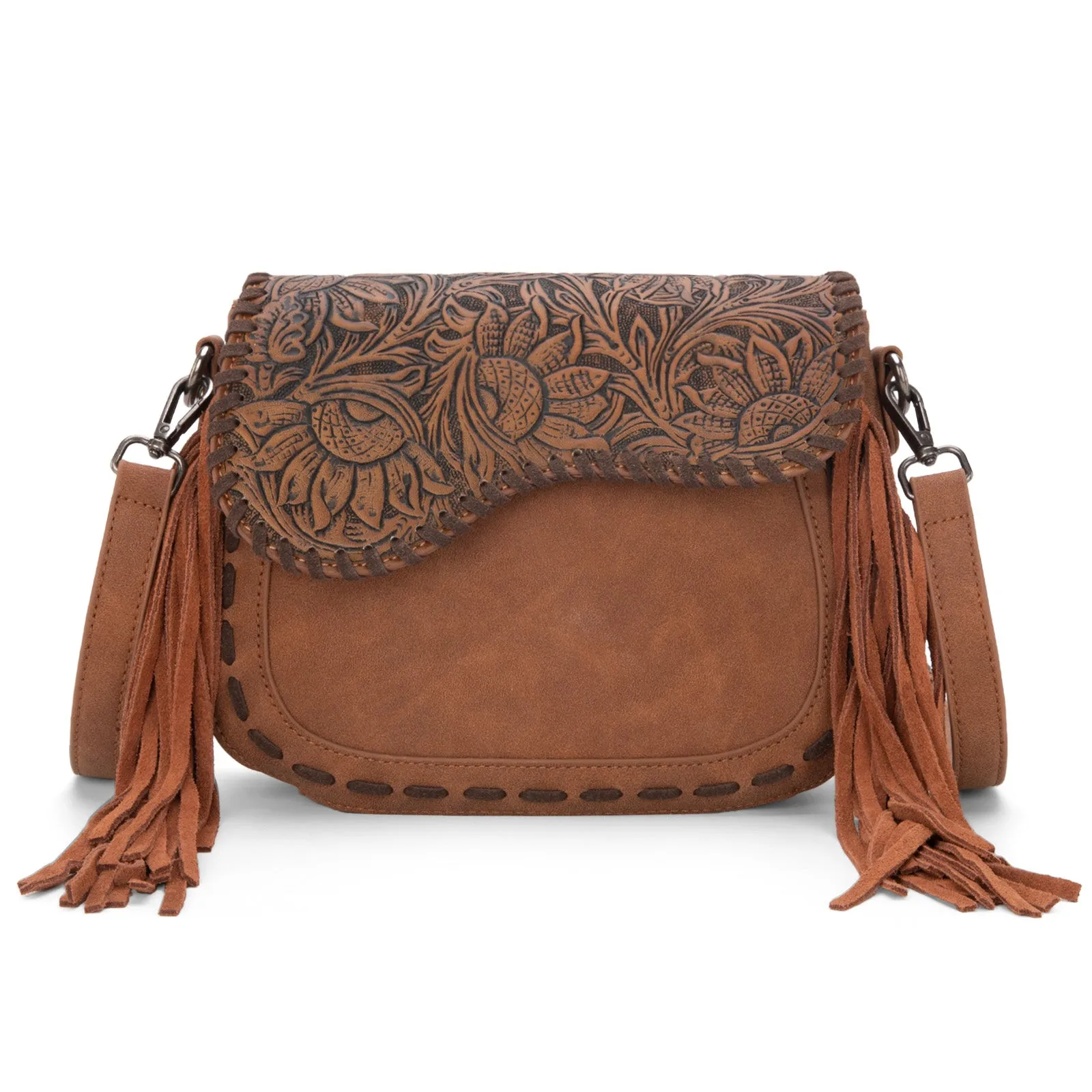 MW1274-8360 Montana West Tooled Saddle Fringe Crossbody - Brown