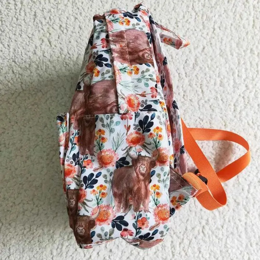 Orange Flowers Highland Cow Backpack