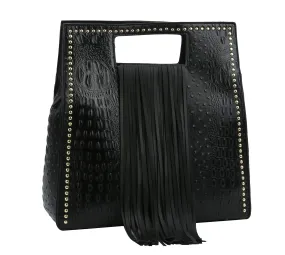 Ostrich Embossed Fringe Square Satchel Bag