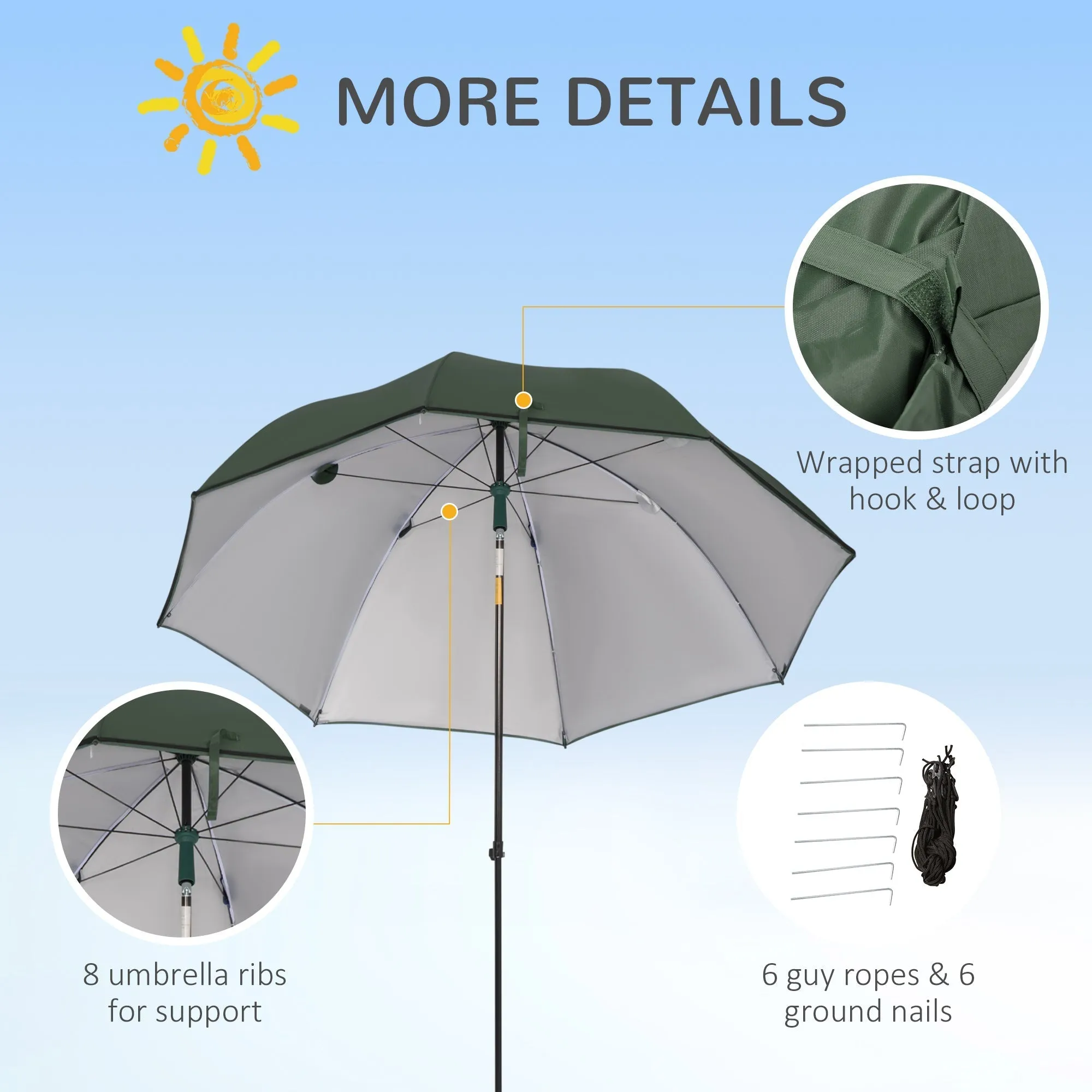 Outsunny 2M Beach Parasol Fishing Umbrella Brolly With Sides And Push Botton Tilt Sun Shade Shelter With Carry Bag