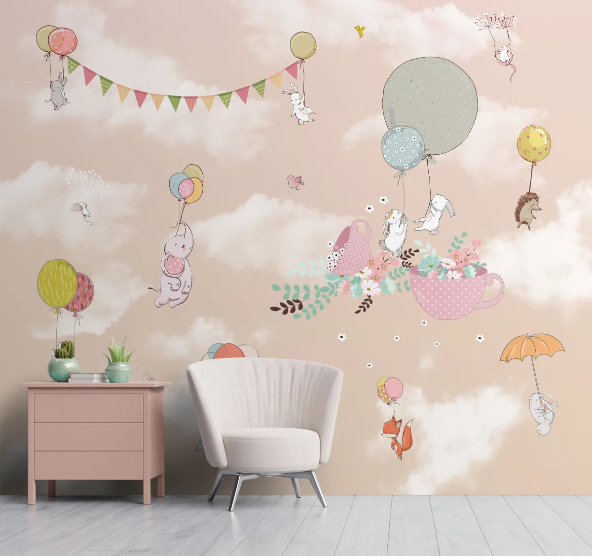 Peach Beautiful Flying Animals Kids Room Customised Wallpaper