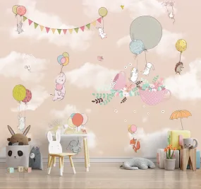 Peach Beautiful Flying Animals Kids Room Customised Wallpaper