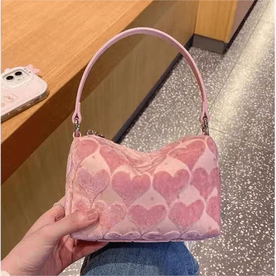 Pink Heart Velvet Tote Bag