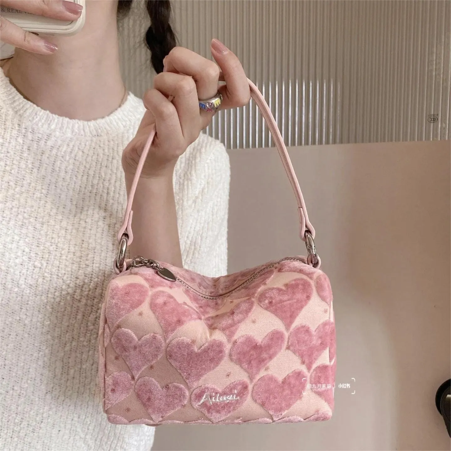 Pink Heart Velvet Tote Bag