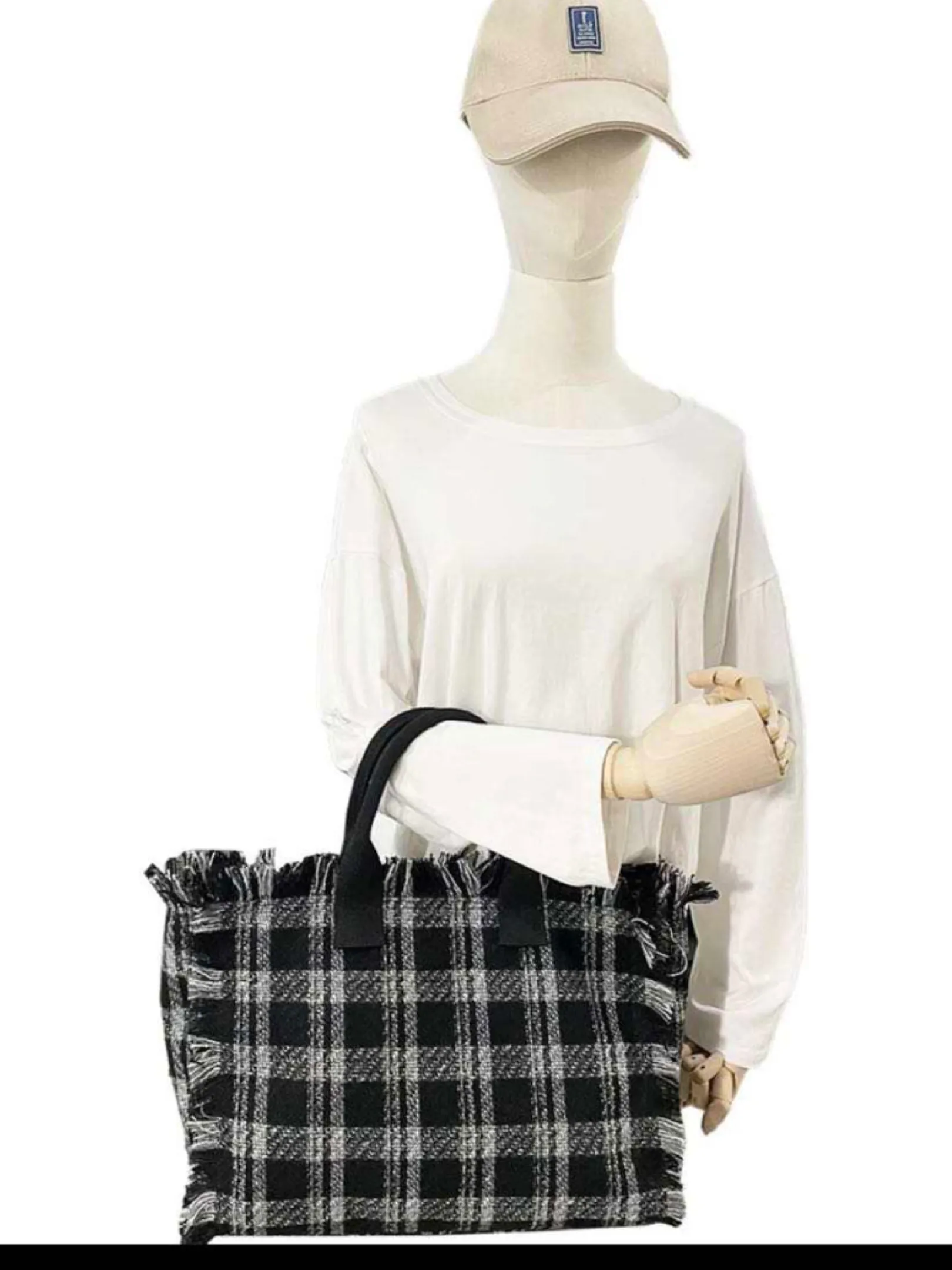 Plaid Fringe Tote Bag - Brown or Black