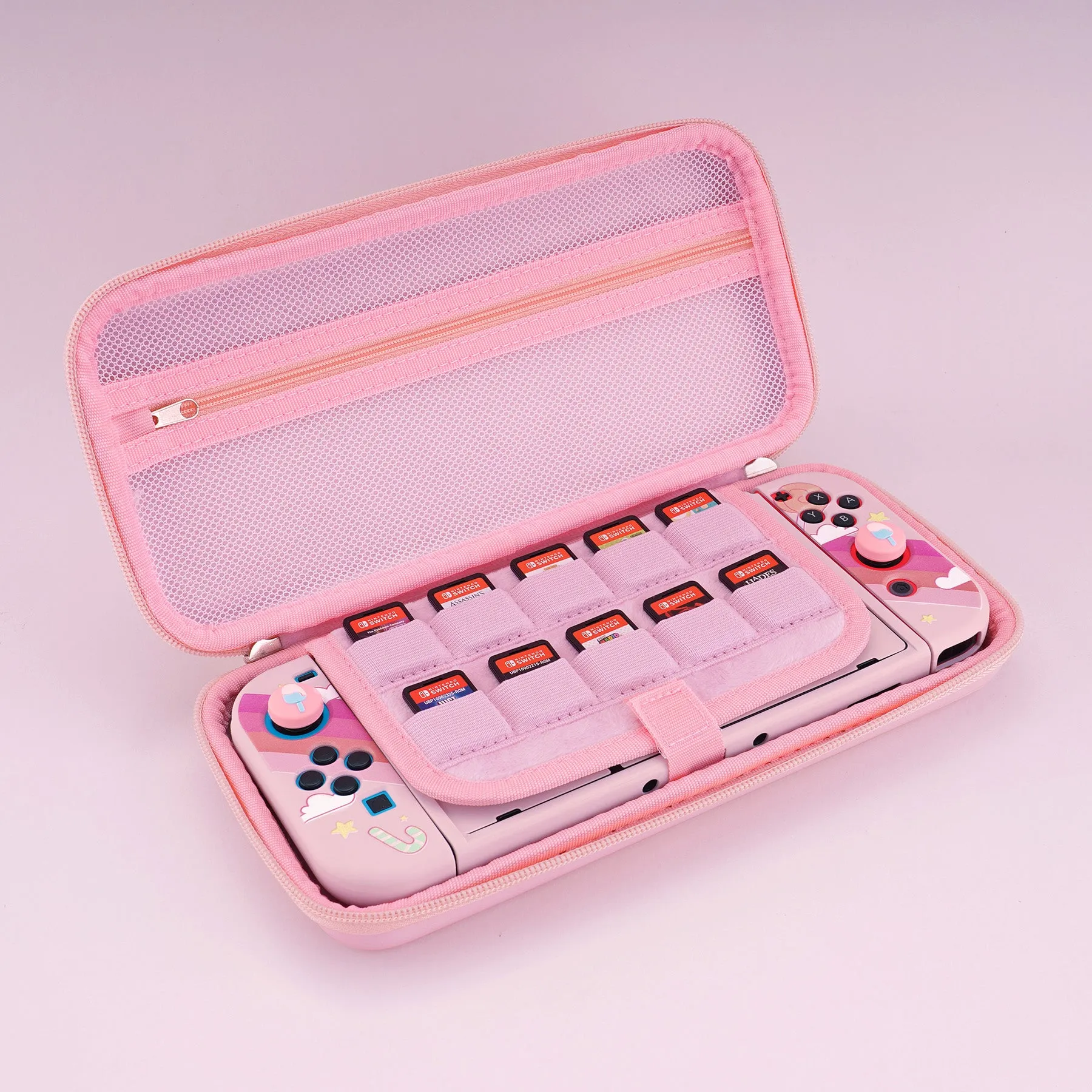 PlayVital Pink Switch Carrying Case, Switch Portable Pouch, Soft Velvet Lining Switch Storage Bag, Travel Case for NS Switch OLED with Thumb Grips Game Cards Slots & Inner Pocket - Kitten & Chicken - NTW002