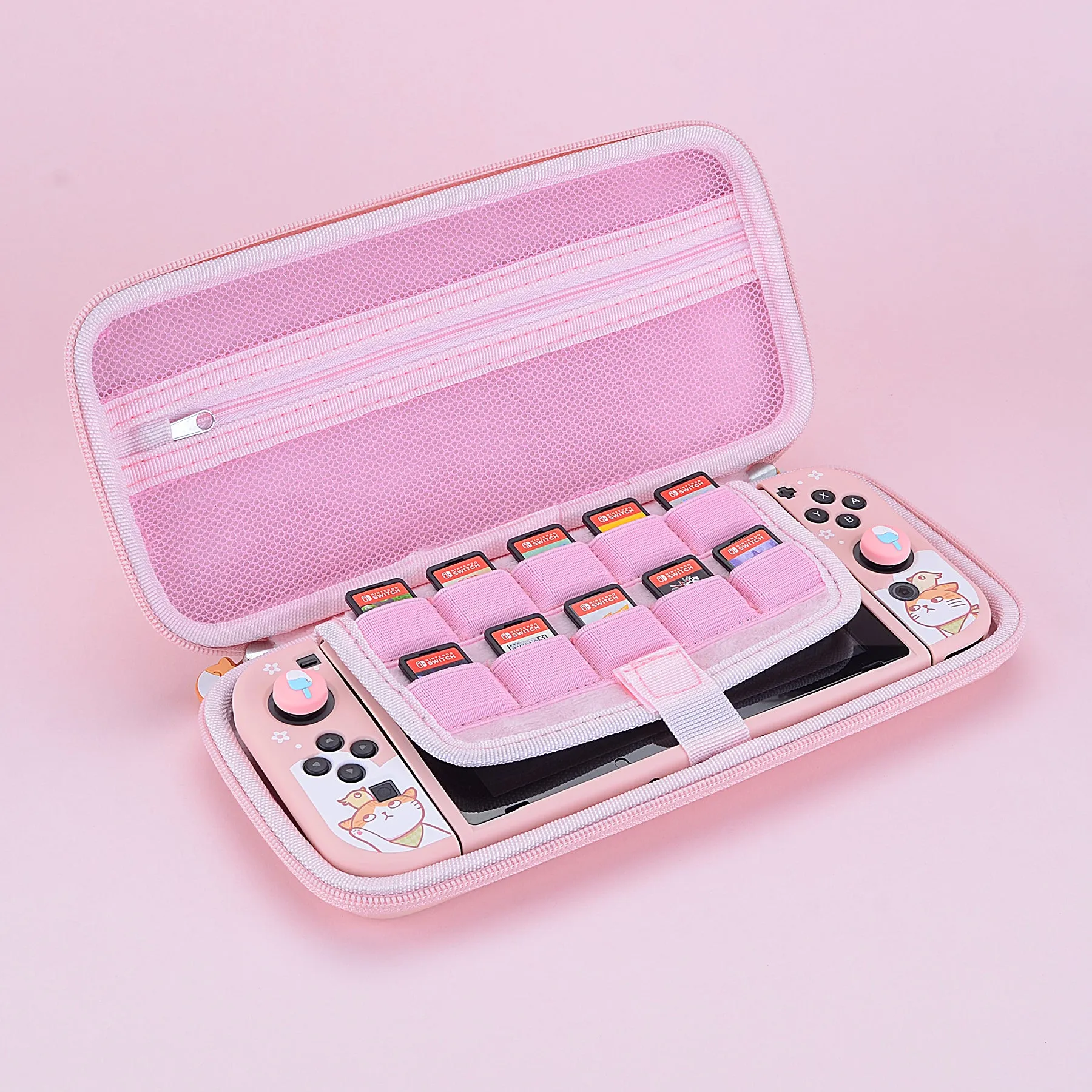 PlayVital Pink Switch Carrying Case, Switch Portable Pouch, Soft Velvet Lining Switch Storage Bag, Travel Case for NS Switch OLED with Thumb Grips Game Cards Slots & Inner Pocket - Kitten & Chicken - NTW002