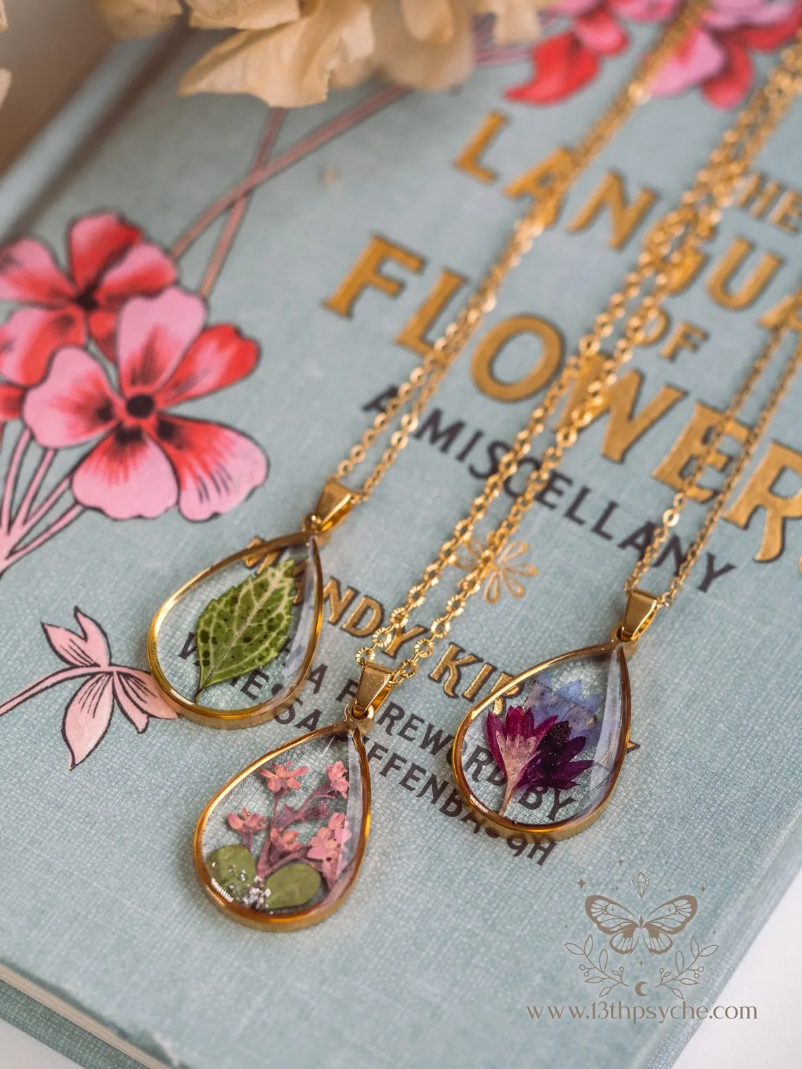 Pressed pink flowers teardrop resin pendant necklace