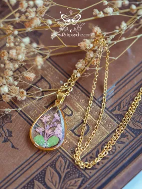 Pressed pink flowers teardrop resin pendant necklace