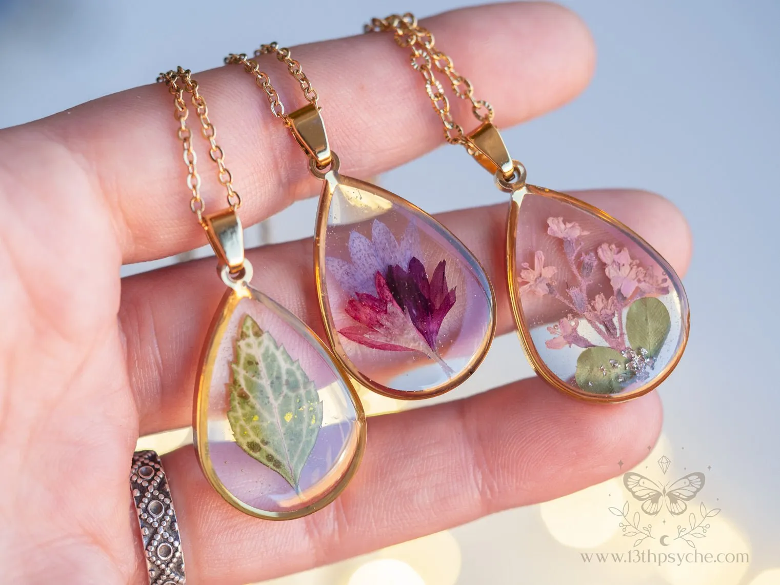 Pressed pink flowers teardrop resin pendant necklace