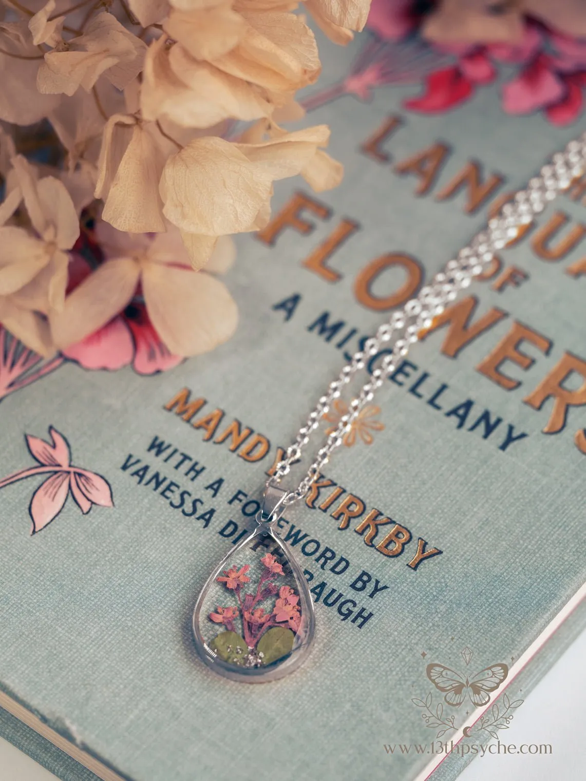 Pressed pink flowers teardrop resin pendant necklace