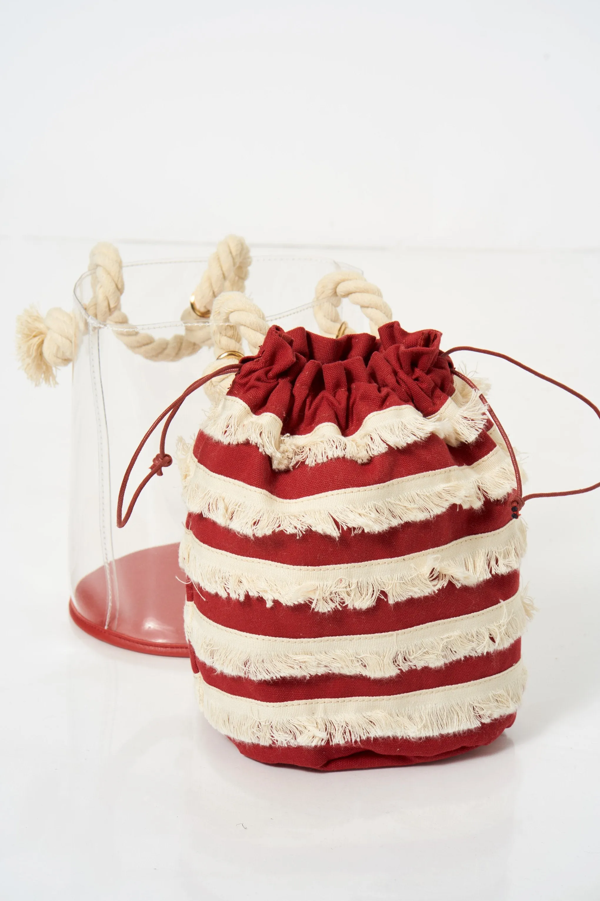 Red Striped Fringe Bucket Handbag