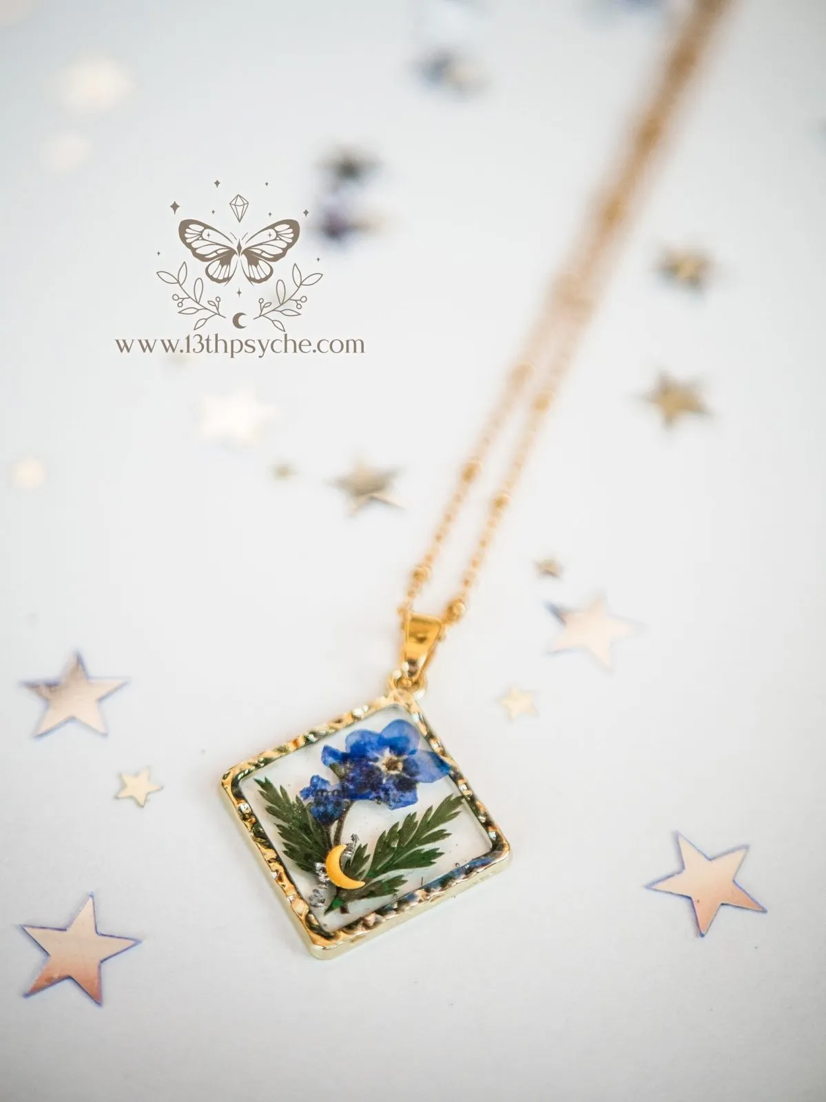 Rhombus Forget me not flower pendant necklace