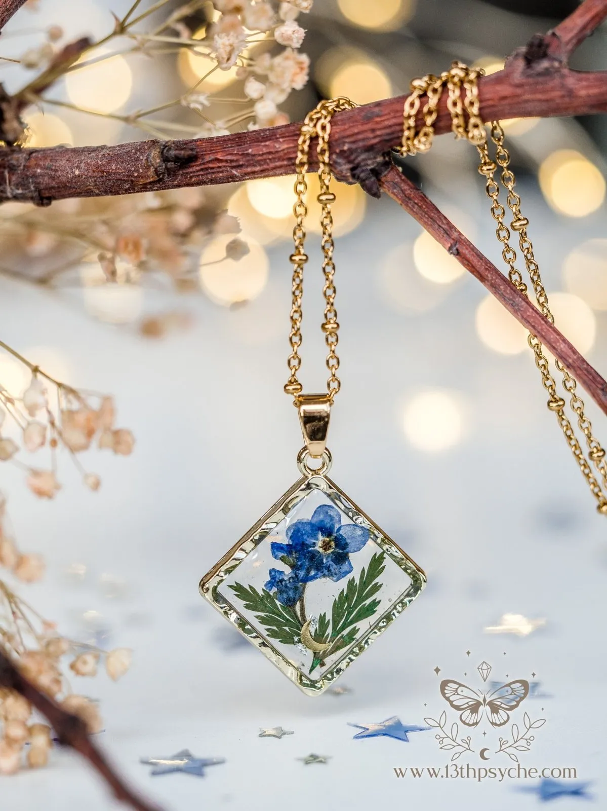 Rhombus Forget me not flower pendant necklace