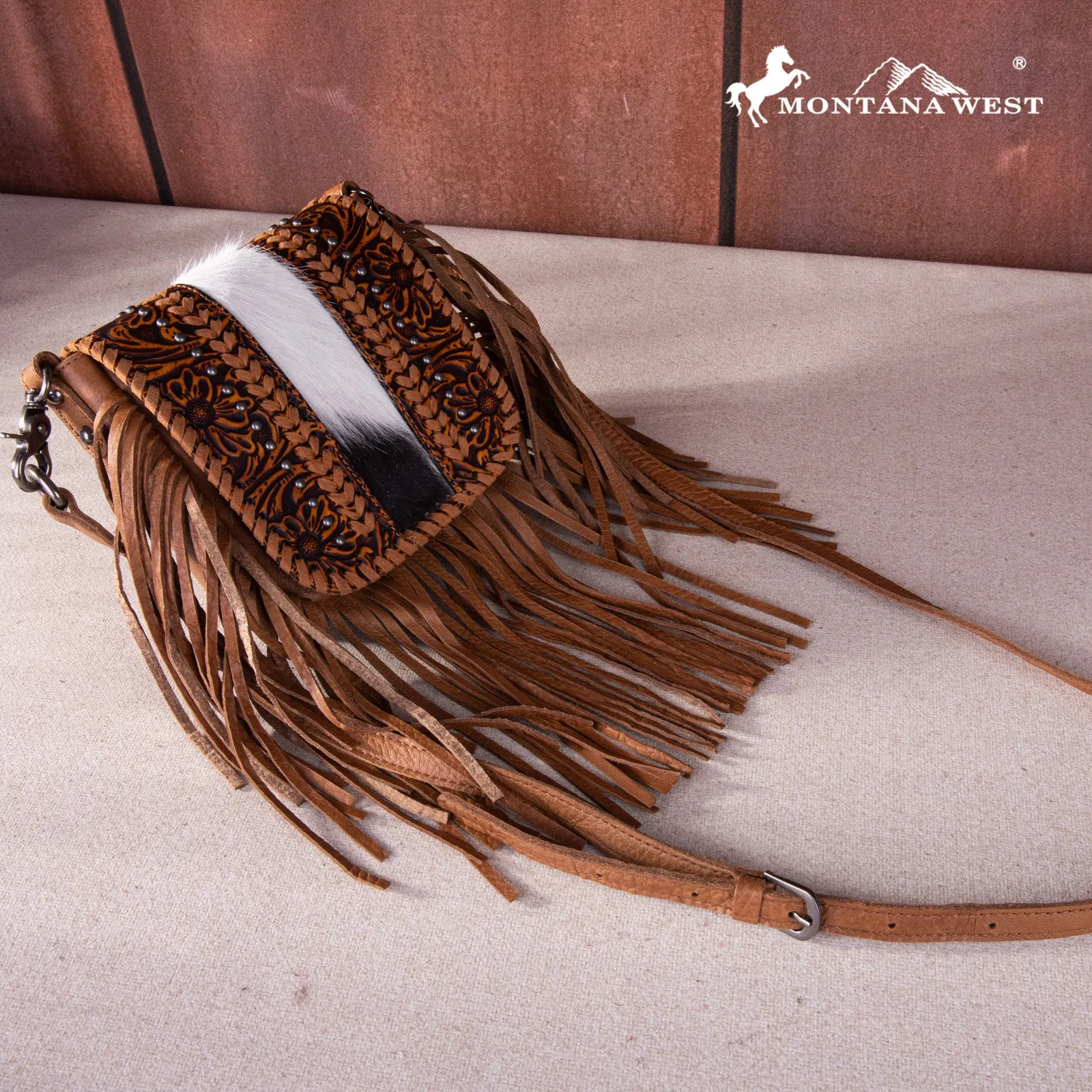 RLC-L168 Montana West Genuine Leather Tooled Collection Fringe Crossbody