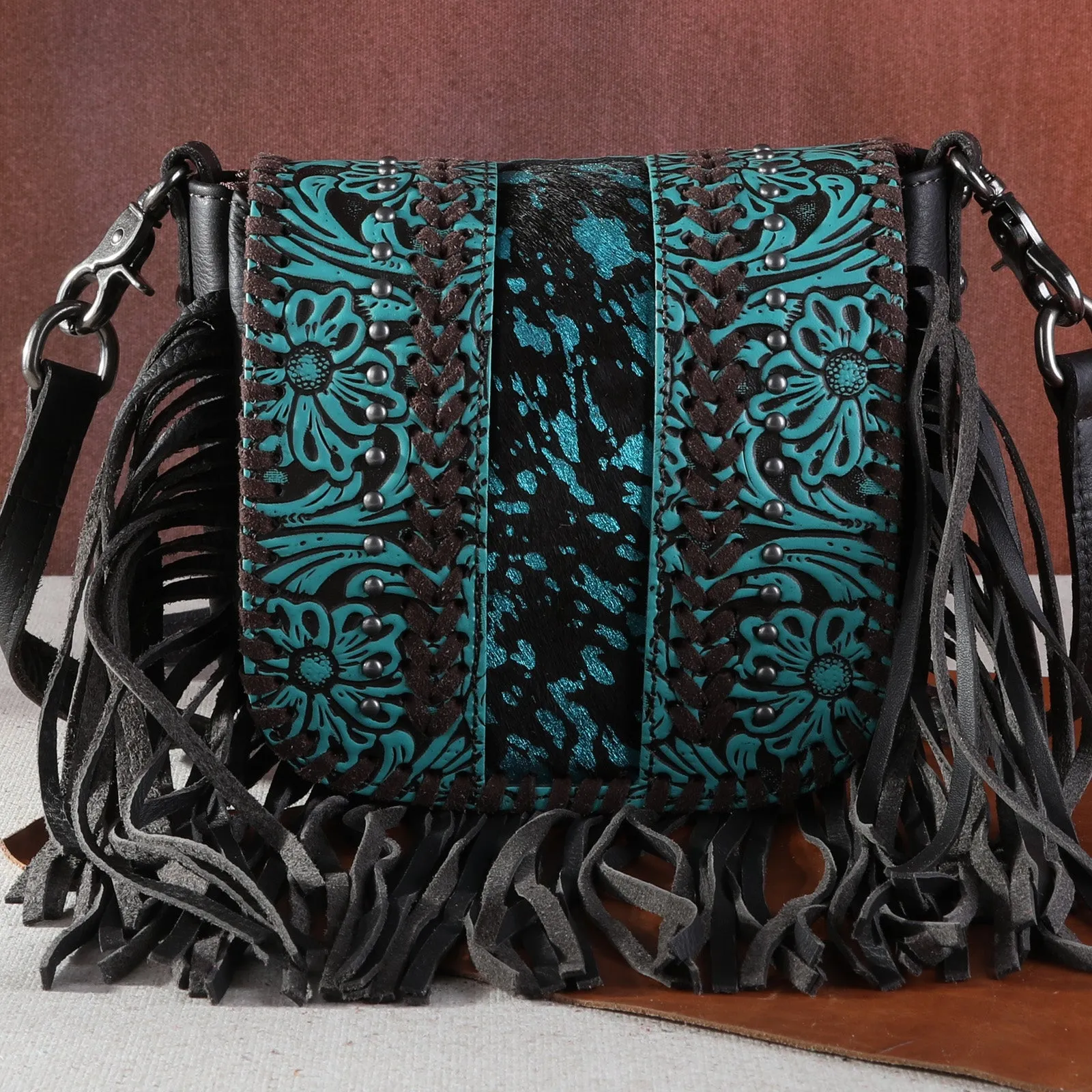 RLC-L168 Montana West Genuine Leather Tooled Collection Fringe Crossbody