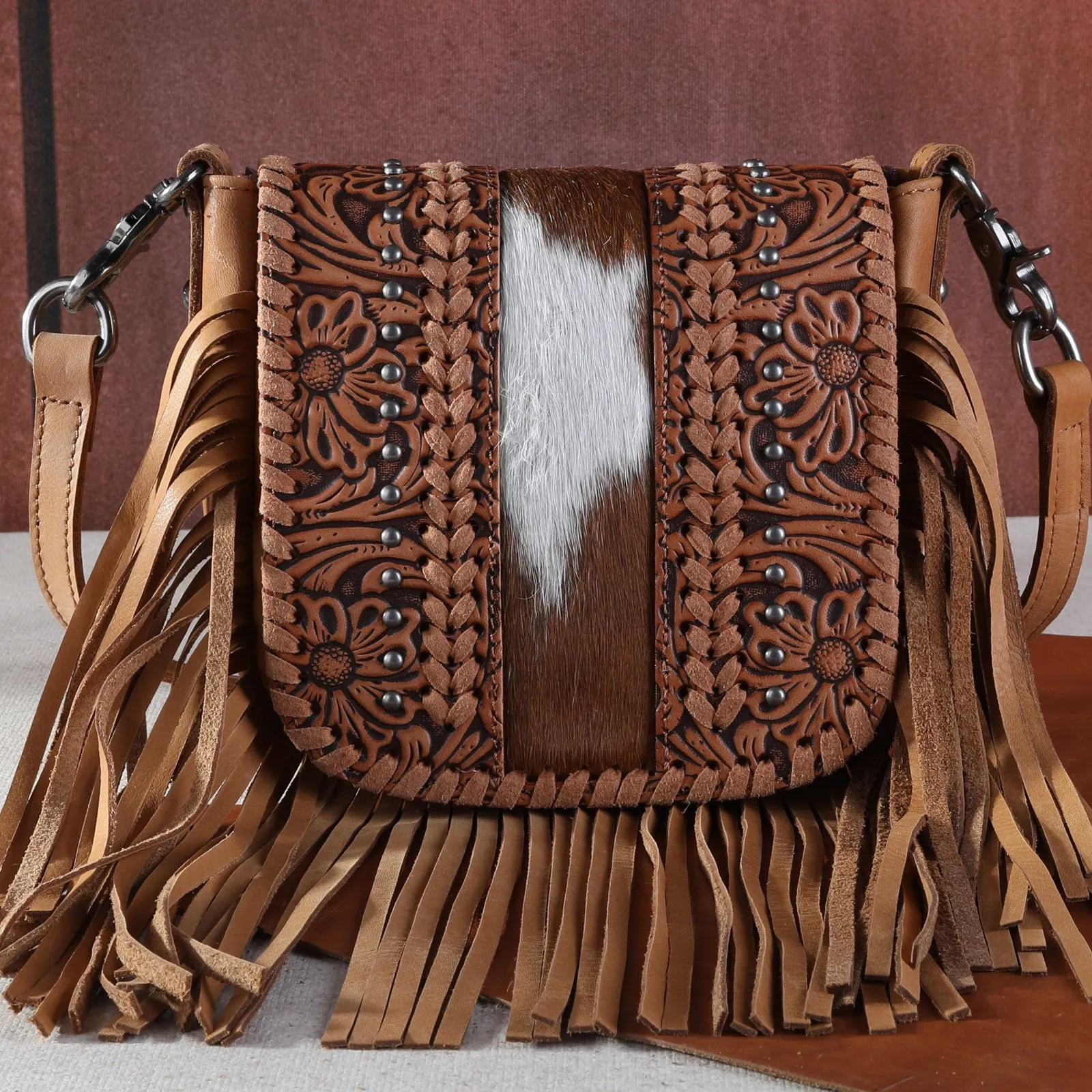 RLC-L168 Montana West Genuine Leather Tooled Collection Fringe Crossbody