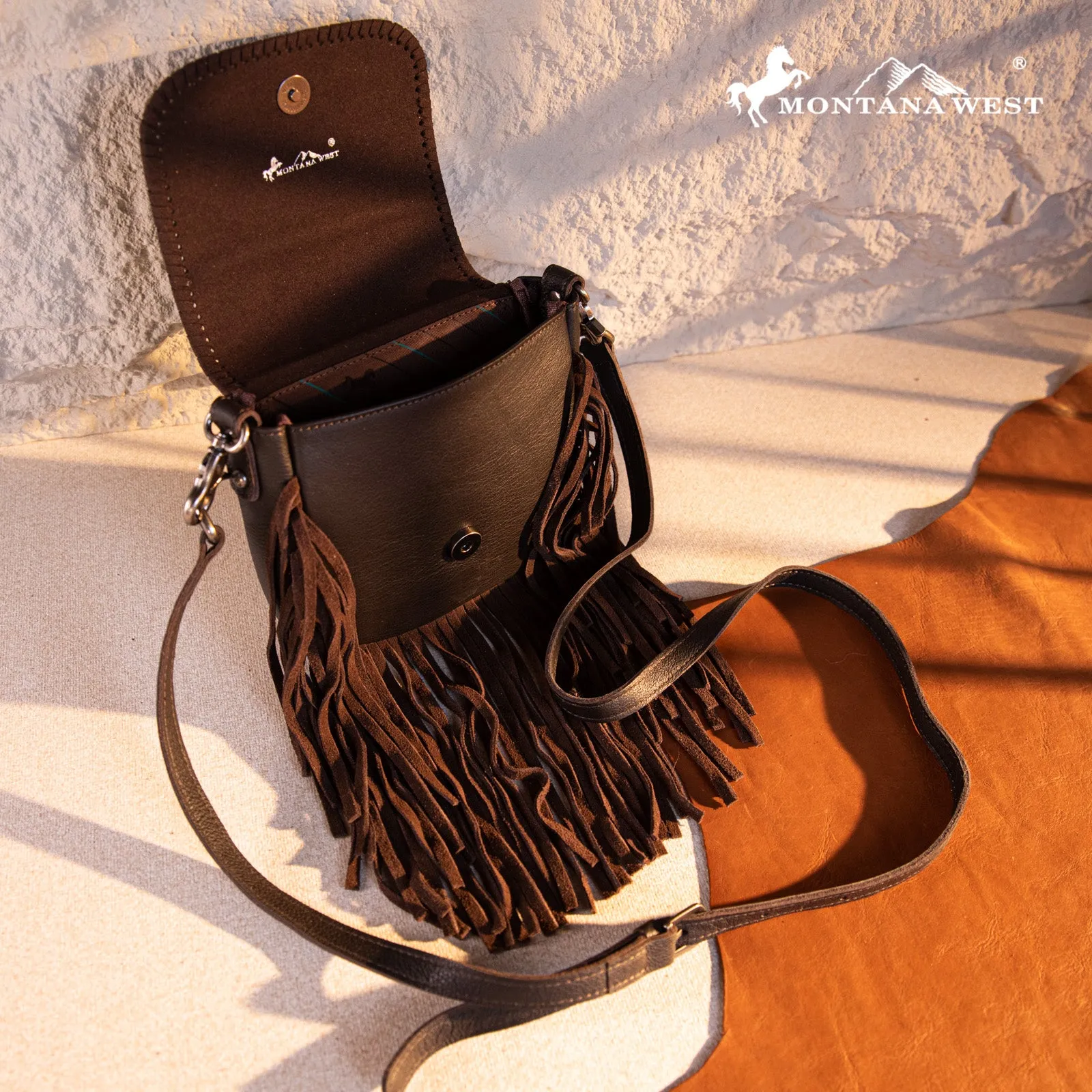 RLC-L187 Montana West Genuine Leather Tooled Fringe Crossbody - Coffee