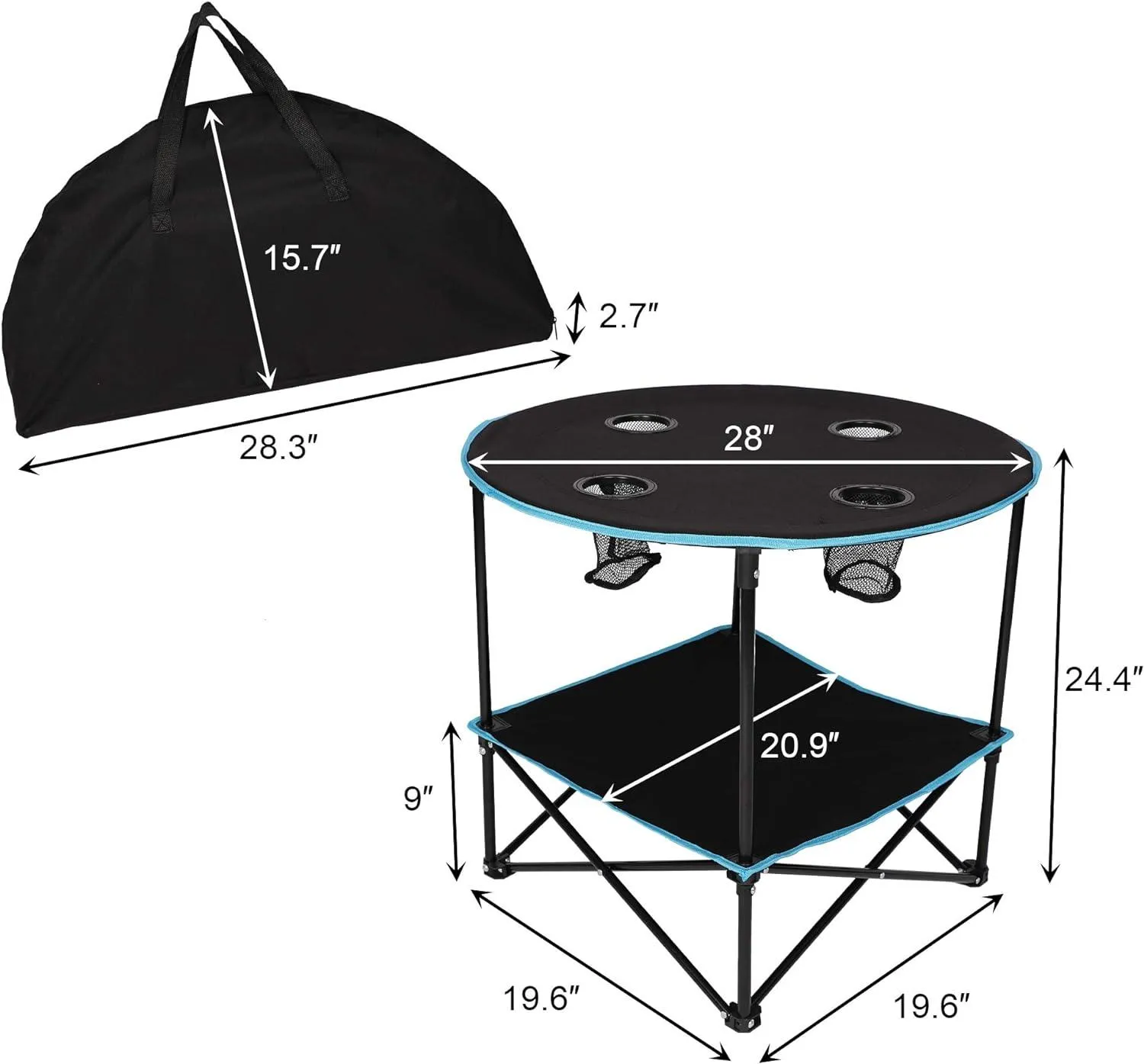 Round Outdoor Table Portable Small Folding Camping Table with Cup Holder and Carry Bag