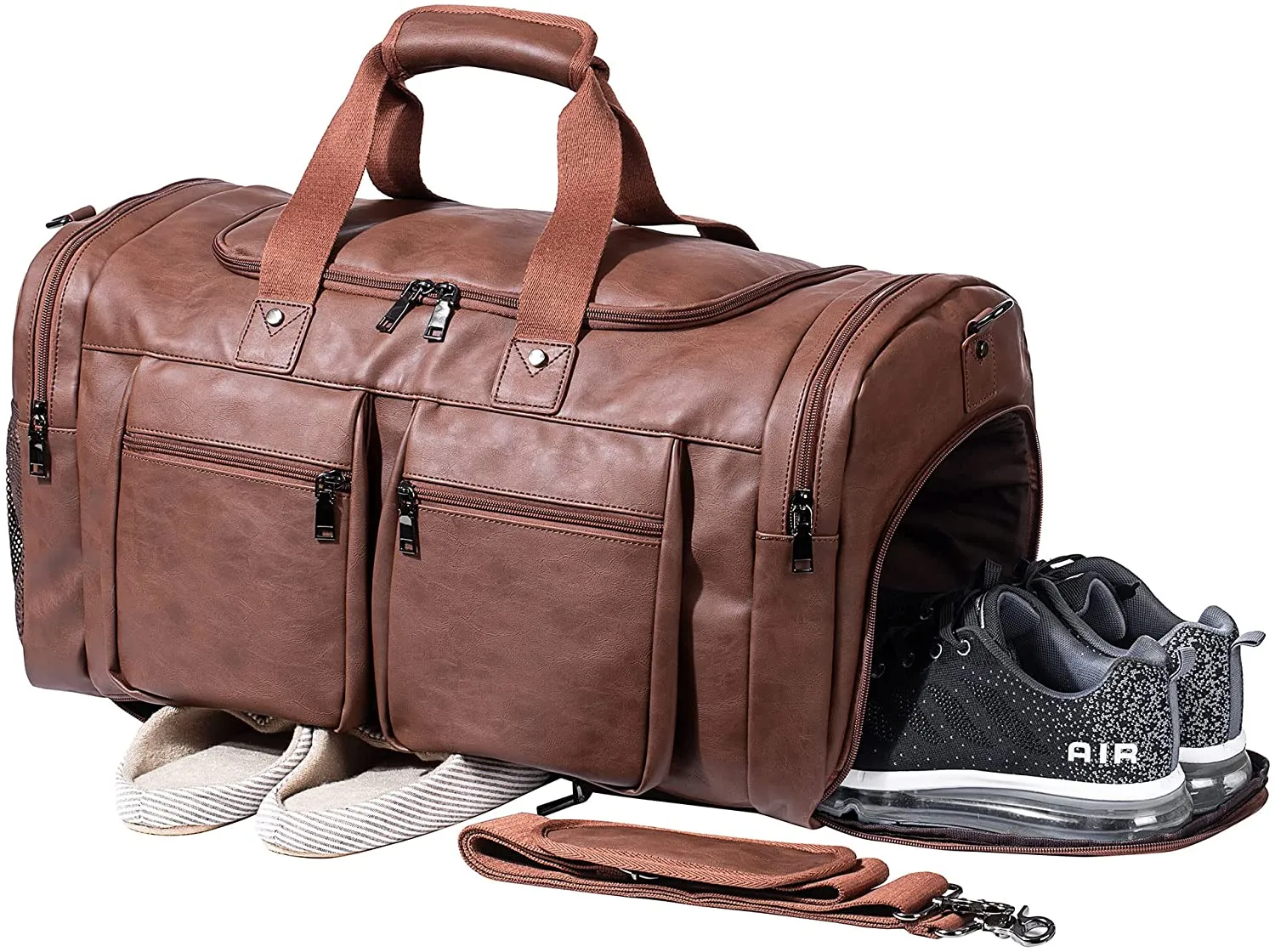 SFFashion™ 52L Leather Weekender Duffel Bag w/ Shoe Compartment- Waterproof Travel Bag