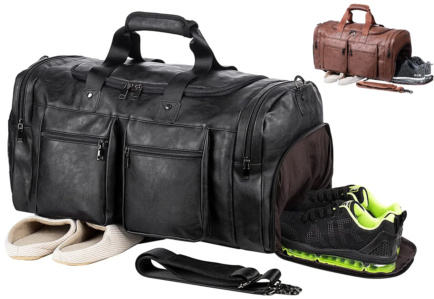 SFFashion™ 52L Leather Weekender Duffel Bag w/ Shoe Compartment- Waterproof Travel Bag