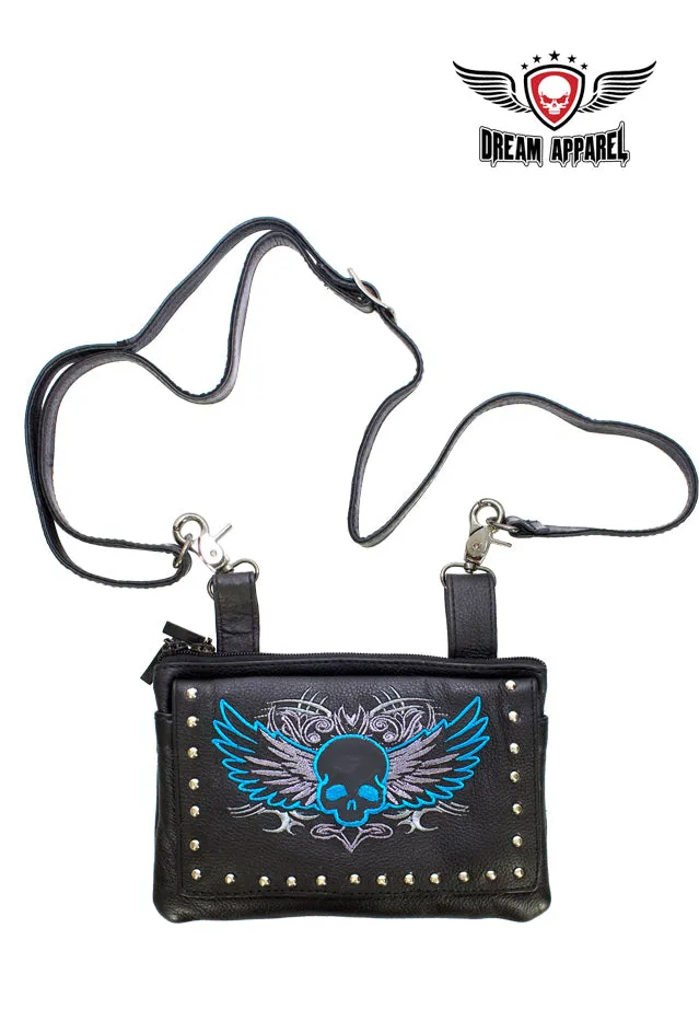 Studded Naked Cowhide Leather Turquoise Skull Belt Bag