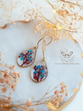 Teardrop shape earrings with Real pressed red and blue flowers