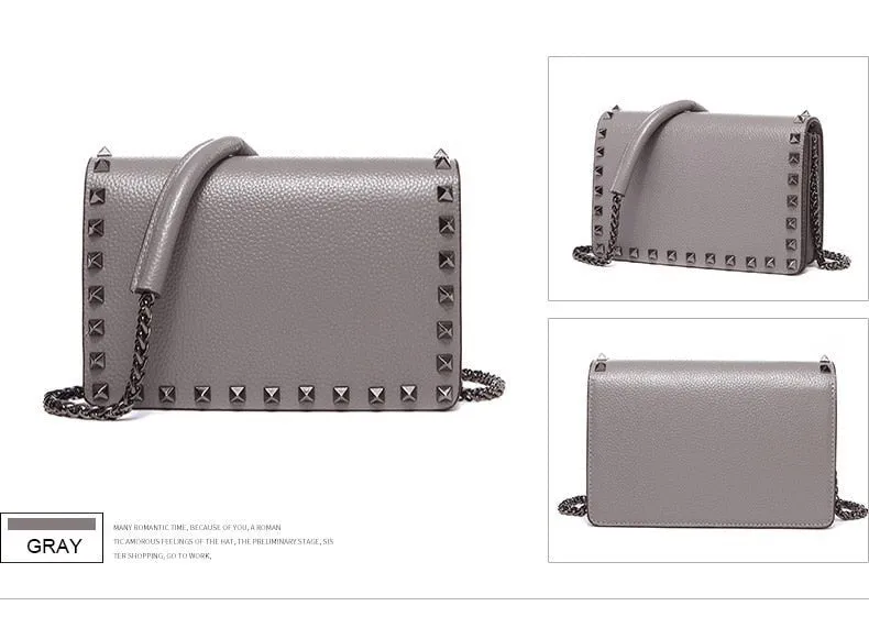 Top Grain Cow Leather Rivets Crossbody Bag with Leather Mix Metal Chain