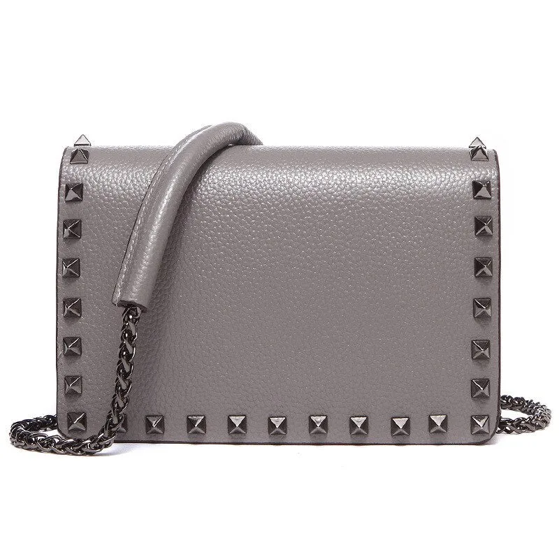 Top Grain Cow Leather Rivets Crossbody Bag with Leather Mix Metal Chain