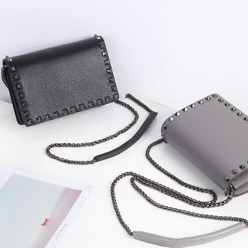 Top Grain Cow Leather Rivets Crossbody Bag with Leather Mix Metal Chain