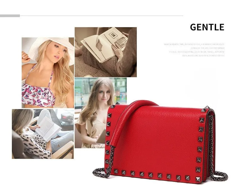 Top Grain Cow Leather Rivets Crossbody Bag with Leather Mix Metal Chain