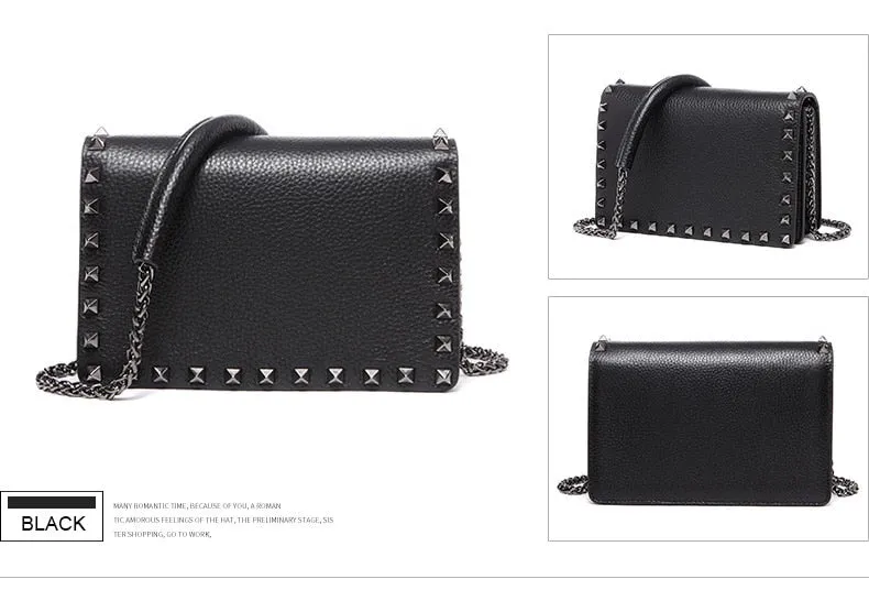 Top Grain Cow Leather Rivets Crossbody Bag with Leather Mix Metal Chain