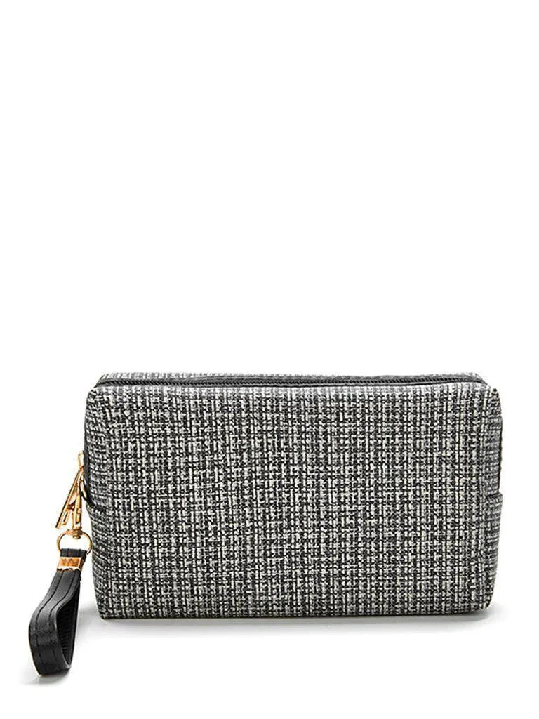 Tweed Zipper Makeup Bag With Wristlet