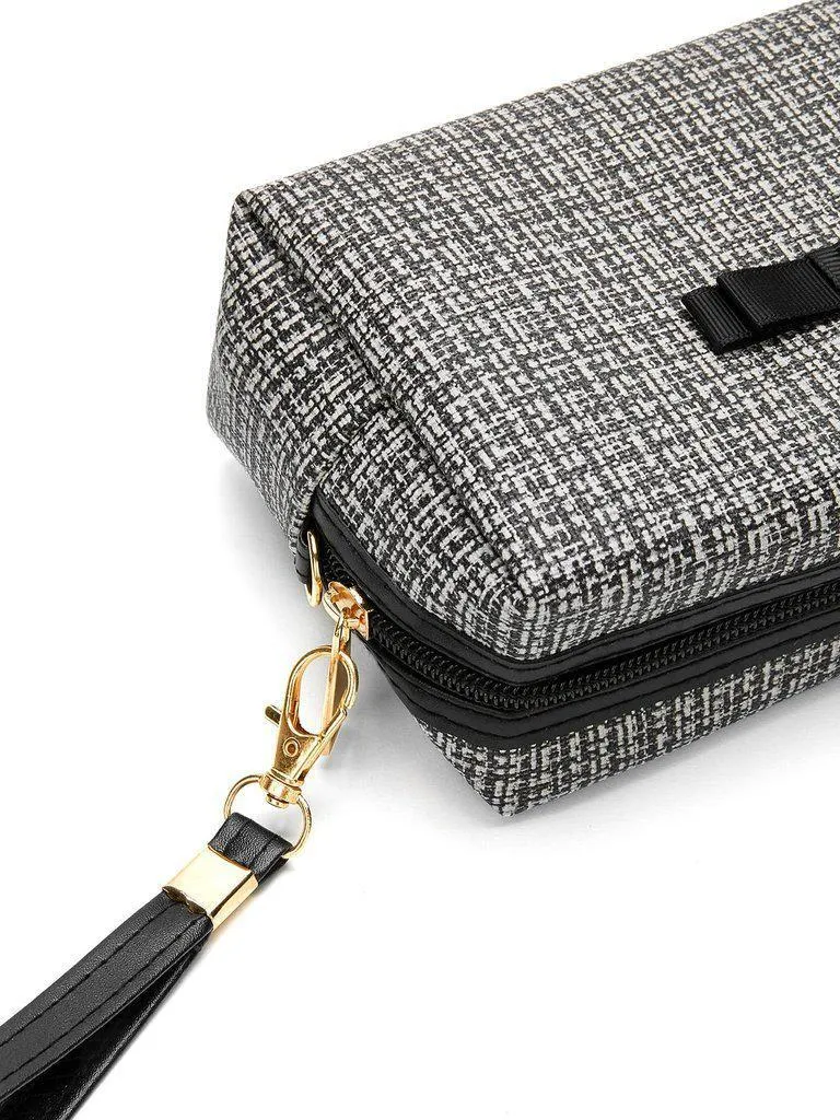 Tweed Zipper Makeup Bag With Wristlet