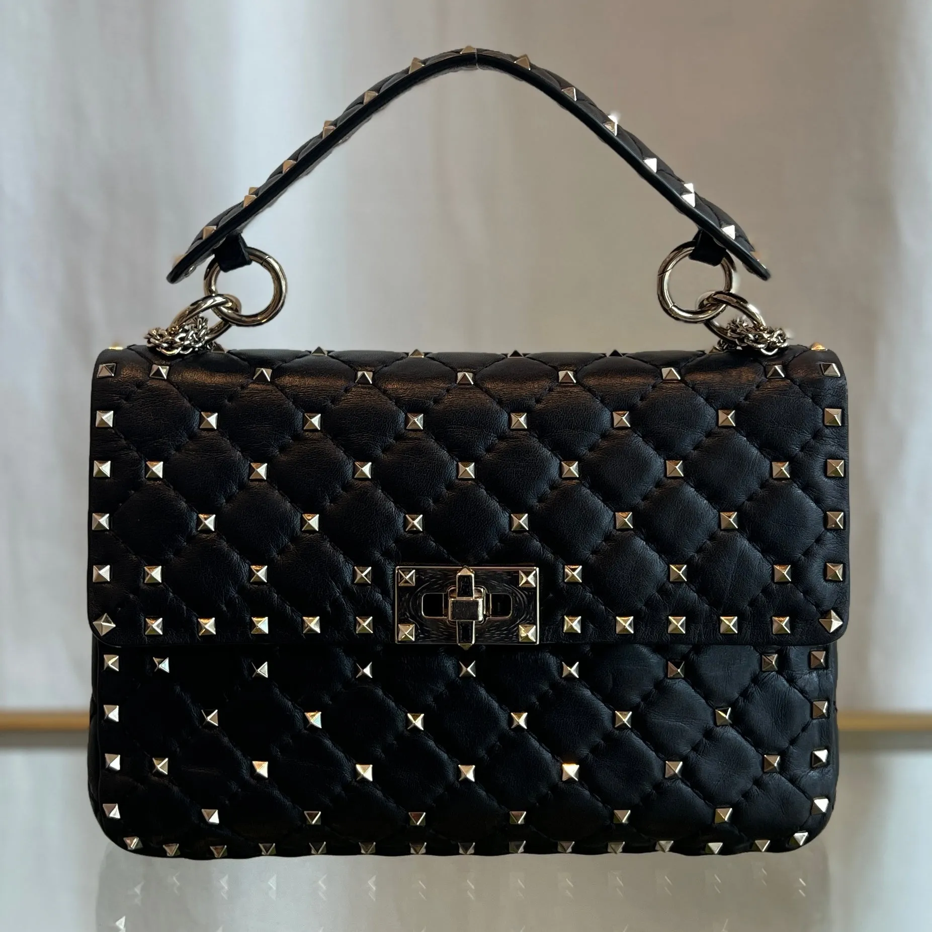 VALENTINO Black Lambskin Rockstuds Two-way  Handbag