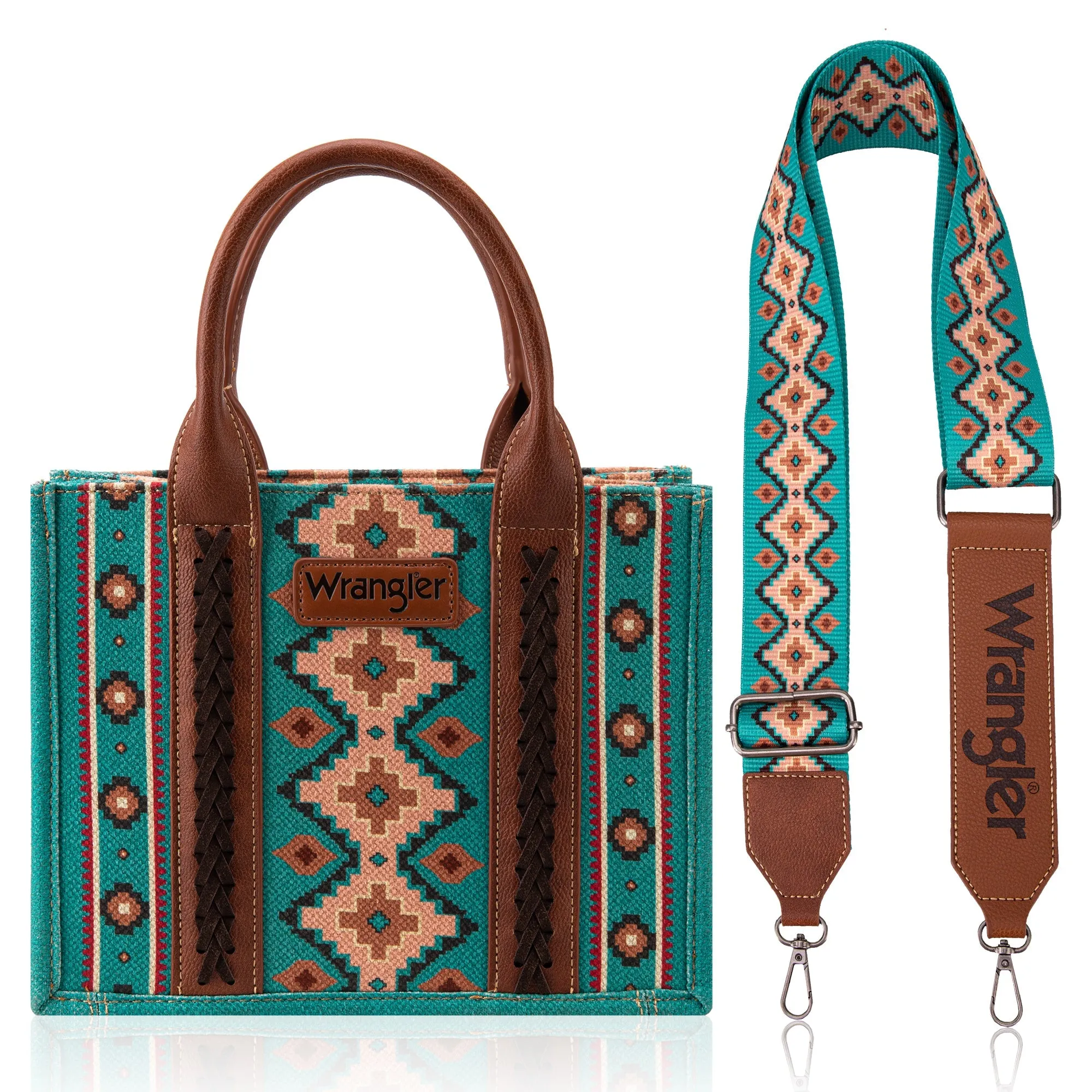 WG2203-8120S  Wrangler Southwestern  Print Small Canvas Tote/Crossbody - Turquoise