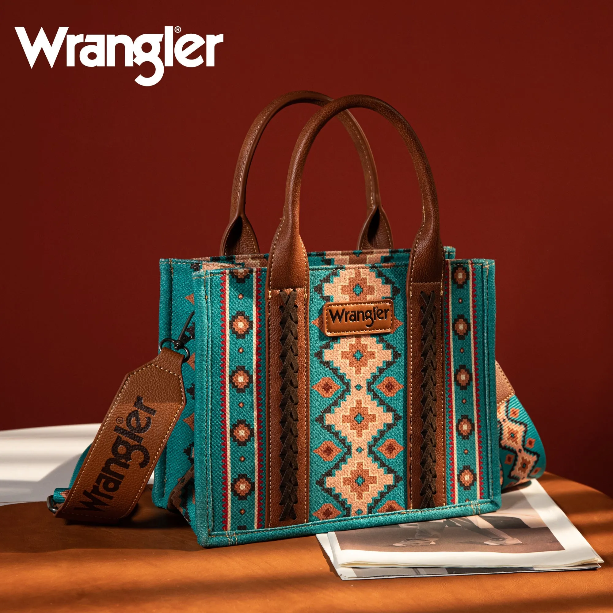 WG2203-8120S  Wrangler Southwestern  Print Small Canvas Tote/Crossbody - Turquoise